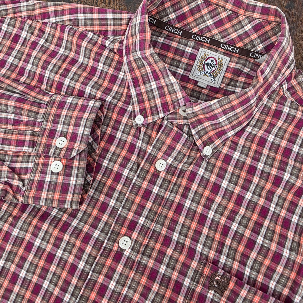 CINCH Mens XL Plaid Button Down Shirt Long Sleeve Western Casual Orange‎ Brown